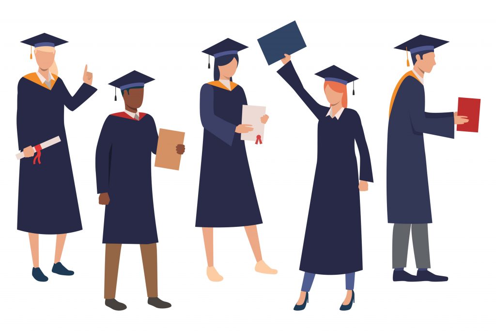 Collection of graduating students. Flat cartoon characters wearing gowns and academic caps. Vector illustration can be used for advertisement, promo, placard